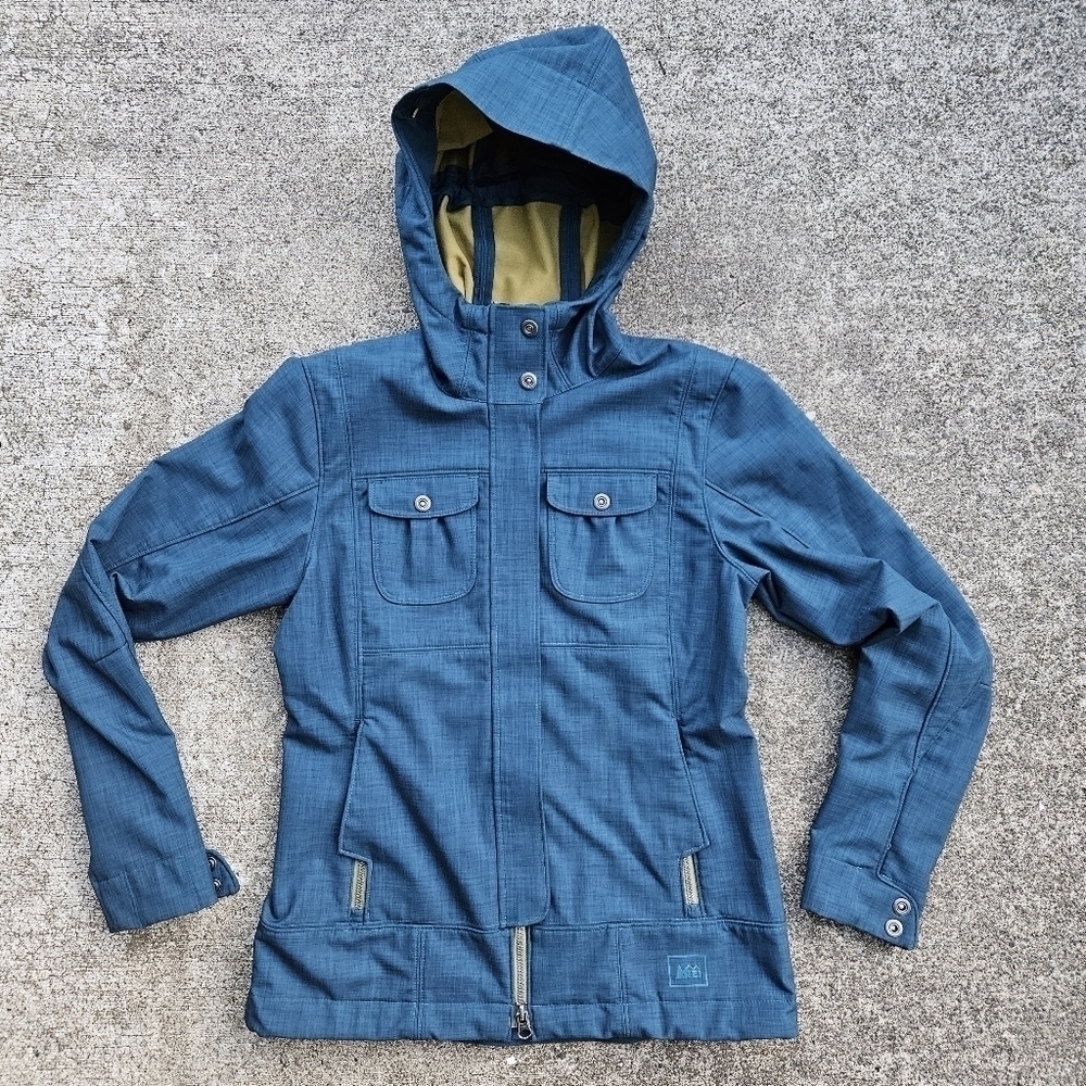 REI Green Blue Soft Shell Hooded Full Zip Up Jacket Coat Womens Size XS X Small